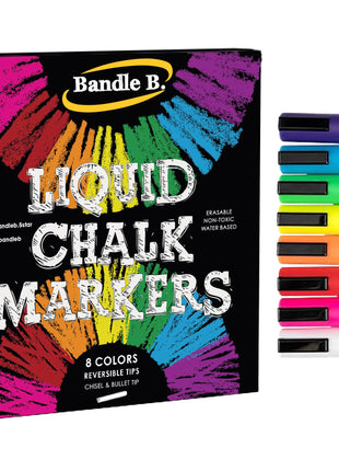 Bandle B. Chalk Markers - 8 Vibrant, Erasable, Non-Toxic, Water-Based, Reversible Tips. For Glass or Chalkboard Markers for Businesses, Restaurants, Liquid Drawing Chalk (Vibrant 6mm)