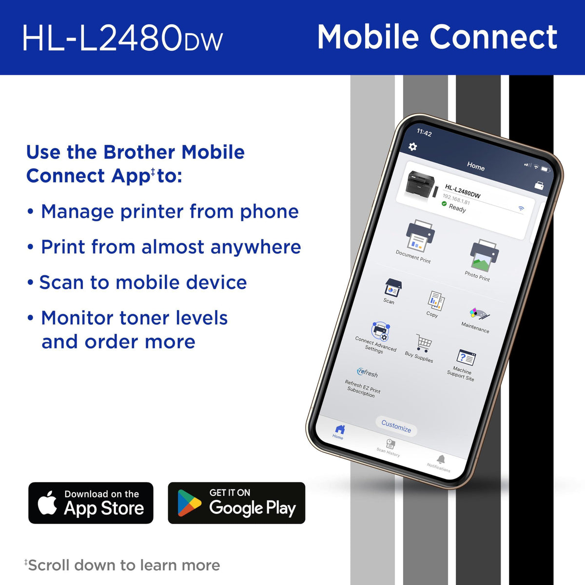 Brother HL-L2480DW Wireless Compact Monochrome Multi-Function Laser Printer with Copy and Scan, Duplex, Mobile, Black & White | Includes Refresh Subscription Trial(1), Works with Alexa