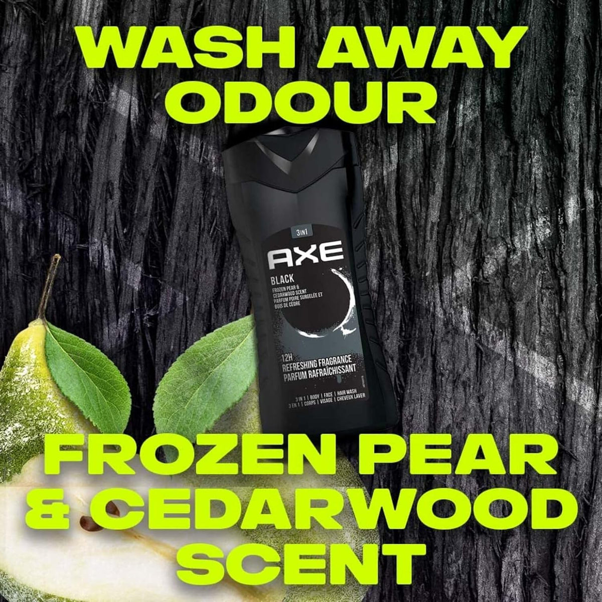 Axe Black 3 In 1 Body, Face & Hair Wash For Men, Long-Lasting Refreshing Frozen Pear & Cedarwood Fragrance For Up To 12Hrs, Natural Ingredients, Removes Odor & Bacteria, No Parabens, 250Ml