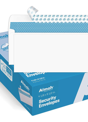 Aimoh 500#10 Security Self Seal Envelopes, Windowless, Premium Security Tint Pattern, Ultra Strong Quick Seal Closure, EnveGuard, Size 4-1/8 x 9-1/2 inch, White, 24LB, 500 Count(34010)
