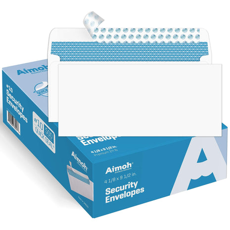 Aimoh 500#10 Security Self Seal Envelopes, Windowless, Premium Security Tint Pattern, Ultra Strong Quick Seal Closure, EnveGuard, Size 4-1/8 x 9-1/2 inch, White, 24LB, 500 Count(34010)