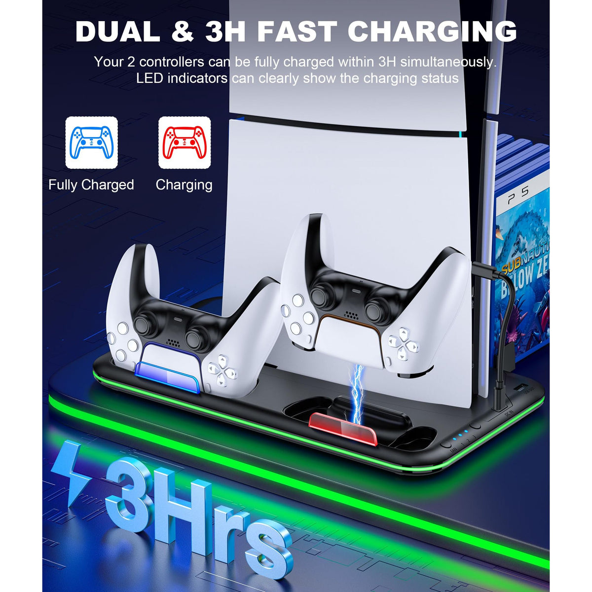 PS5/PS5 Slim Stand and Cooling Station with Controller Charging Station for Playsation 5, PS5 Accessories Kit Incl. 3 Levels Cooling Fan, LED, 15 Game Slot, Headset Holder for PS5 Digital/Disc Console