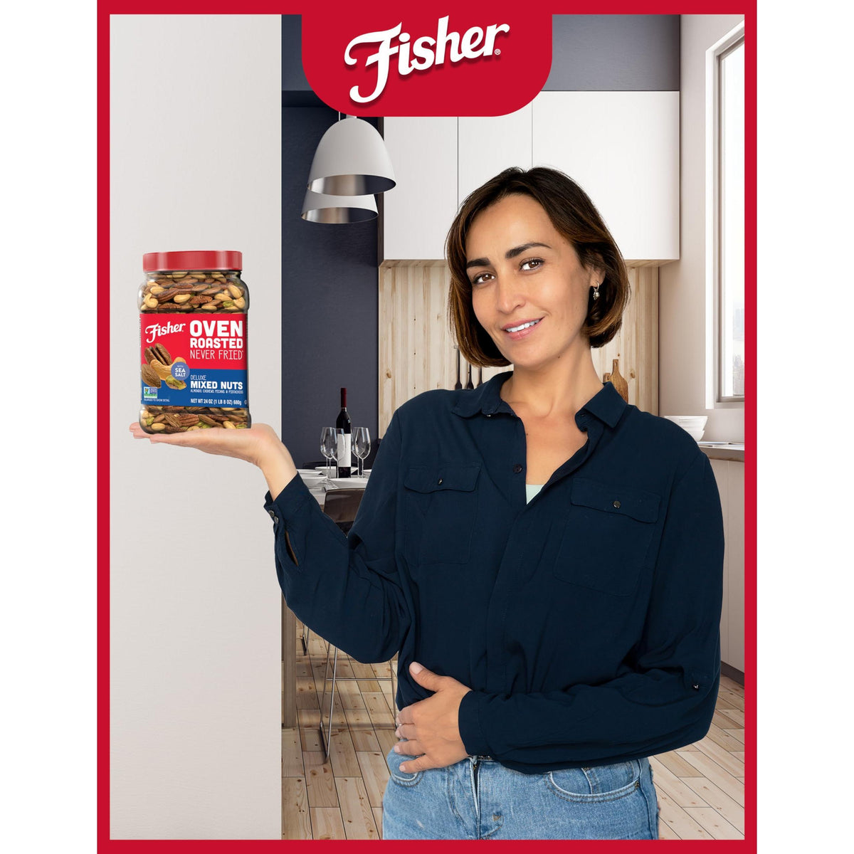 Fisher Oven Roasted Never Fried Deluxe Mixed Nuts, 24 Ounces (Pack of 1), Almonds, Cashews, Pecans, Pistachios, Healthy Snacks for Adults, Made With Sea Salt, No Added Oil, Trail Mix, Gluten Free