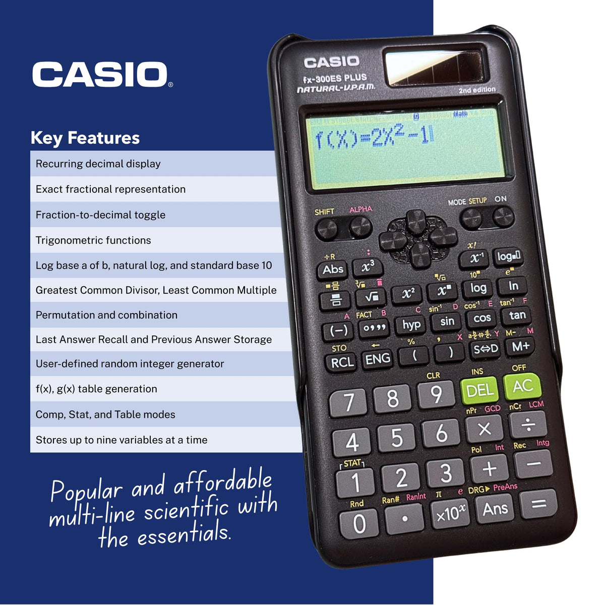 Casio fx-300ES Plus 2nd Edition – Standard Scientific Calculator | 262 Functions, Natural Textbook Display℠ | Ideal for Middle School, High School Math, Statistics & Algebra | Black