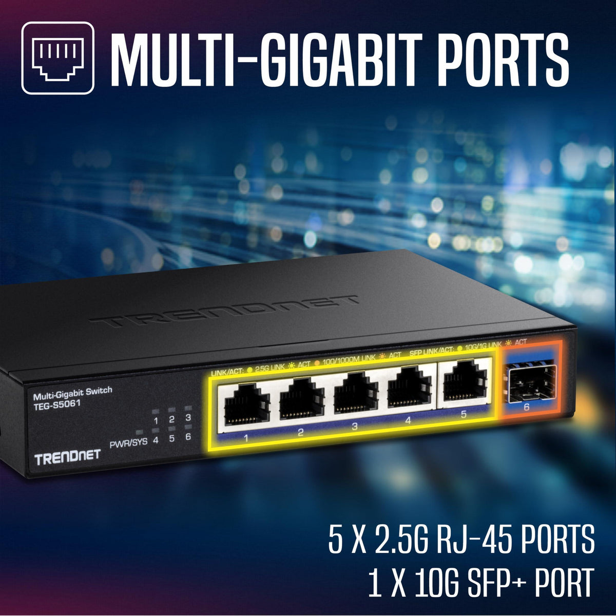 TRENDnet 6-Port Unmanaged 2.5G Switch with 10G SFP+Port, TEG-S5061, 5 x 2.5GBASE-T Ports, 45Gbps SwitchingCapacity, Fanless, Wall Mountable,Lifetime Protection,Black