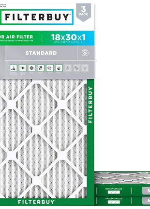 Filterbuy 18x30x1 Air Filter MERV 8 (MPR 700) Dust Defense Replacement (3-Pack), Electrostatic Pleated HVAC AC Furnace Filters, Made in USA (Actual Size: 17.75 x 29.75 x 0.75)
