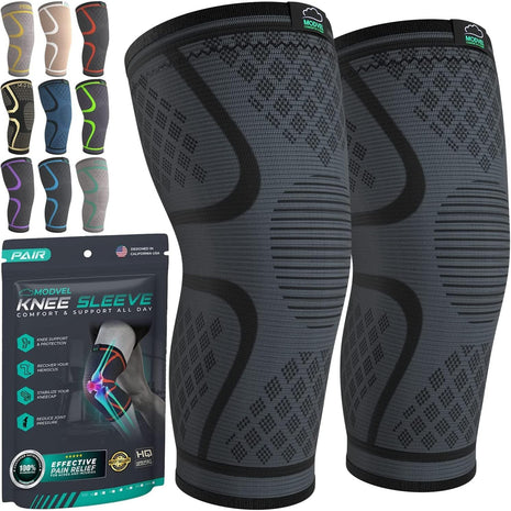 Modvel Compression Knee Brace for Women & Men, 2 Pack Knee Brace for Running Knee Pain, Knee Support Compression Sleeve, Workout Sports Knee Braces for Meniscus Tear, ACL & Arthritis Pain Relief