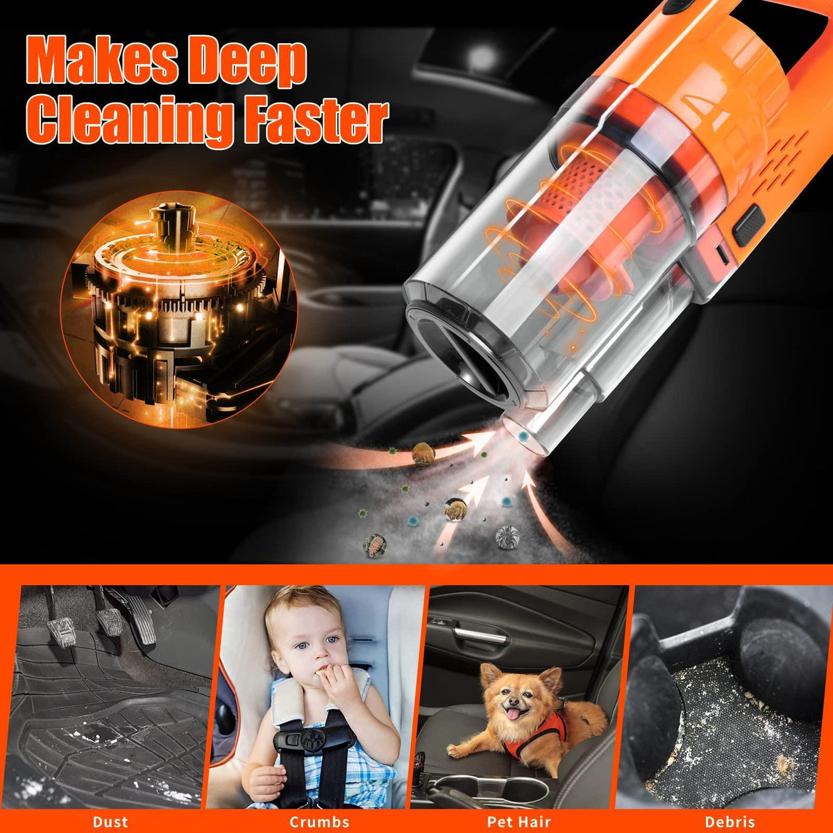 vioview Car Detailing Kit Interior Cleaner, 17Pcs Car Cleaning Supplies with High Power Portable Car Vacuum, Detailing Brush Set, Windshield Cleaner, Orange Car Accessories for Women Men Teens Kids