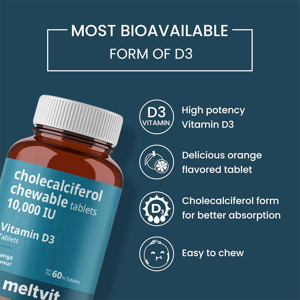 MELTVIT Chewable Vitamin D3 10000 IU - Cholecalciferol Vitamin D Supplement for Women & Men | Orange Flavour - 60 Tablets