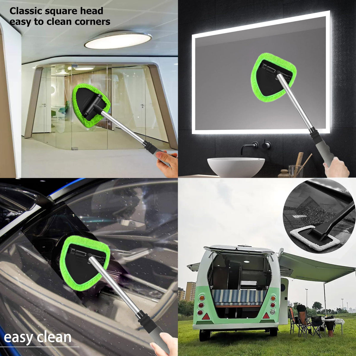 Windshield Cleaning Tool - Extendable Handle Car Window Cleaner with 4 Reusable Cloth Pads, Auto Glass Wiper Kit for Interior & Exterior, Ideal for Dirty Car Windows