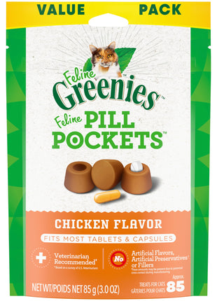 Greenies Feline Pill Pockets for Cats Natural Soft Cat Treats, Chicken Flavor, 3 oz. Pouch (85 Treats)