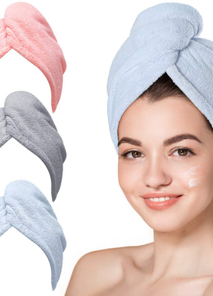 Hicober Microfiber Hair Towel, 3 Packs Hair Turbans for Wet Hair, Drying Hair Wrap Towels for Curly Hair Women Anti Frizz (Blue,Grey,Pink)