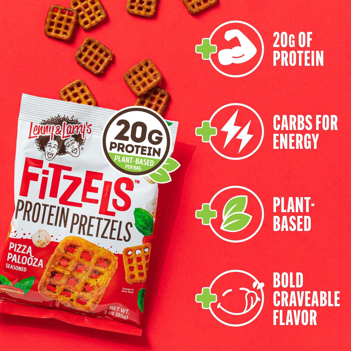 Lenny & Larry's Pizza Palooza FITZELS- Savory Pretzel Snacks Incredibly Tasty High Protein, Salty, Vegan 20 g's of Plant Based Protein 8 (eight) Bags, 3 oz Each