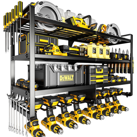 Large Power Tool Organizer Wall Mount,4 Layers Heavy Duty Metal Loads 400lbs,Power Tool Shelf Battery Storage with 8 Cordless Drill Holder,Utility Racks for Garage Workshop