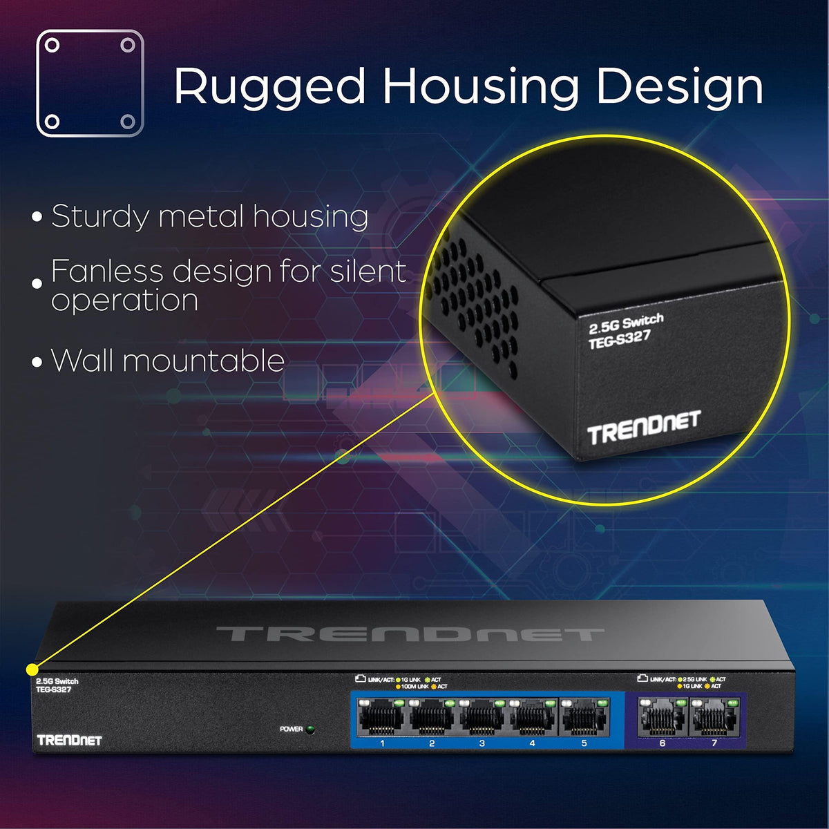 TRENDnet 7-Port Multi-Gig Gaming Switch, TEG-S327, 5 x 1G RJ-45 Base-T Ports, 2 x 2.5G RJ-45 Ports, 20Gbps Switching Capacity, Wall Mountable, Plug & Play, Lifetime Protection, Black
