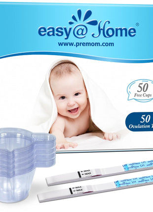Easy@Home Ovulation Predictor Kit, 50 LH Test Strips with 50 Urine Cups | Fertility Test Strips for Women (Width of 5mm), Designed for At-Home LH Monitoring, Daily Cycle Tracking