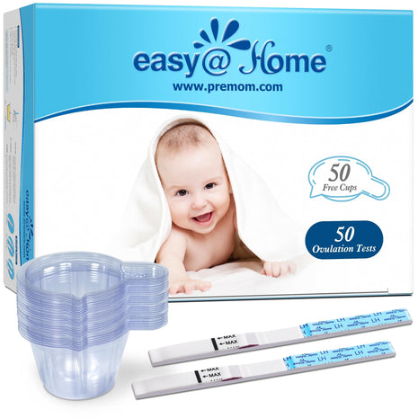 Easy@Home Ovulation Predictor Kit, 50 LH Test Strips with 50 Urine Cups | Fertility Test Strips for Women (Width of 5mm), Designed for At-Home LH Monitoring, Daily Cycle Tracking