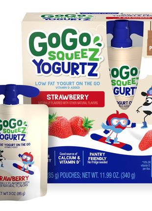 GoGo SqueeZ YogurtZ Strawberry, Kids Snacks Made from Real Yogurt & Fruit, Pantry Friendly Snack, No Fridge Needed, No Preservatives, Kosher Certified, Gluten Free, 3 Oz, 4 Pack
