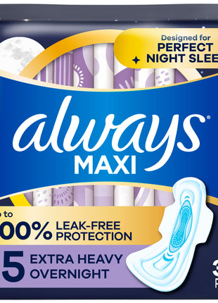 Always Maxi Overnight Pads with Wings for Women, Size 5, Extra Heavy Overnight Absorbency, Unscented, 36 Count