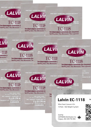 Lalvin EC-1118 Wine Yeast (10 Pack) - Champagne Yeast - Make Wine Cider Mead Kombucha At Home - 5 g Sachets - Saccharomyces cerevisiae - Sold by CAPYBARA Distributors Inc.