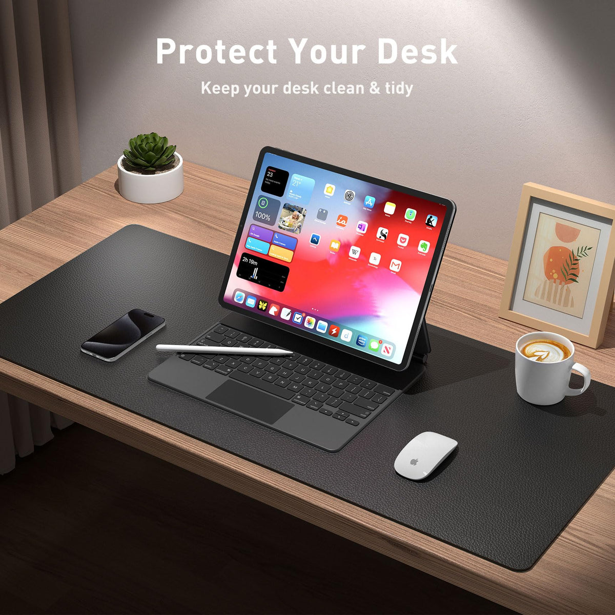 Aothia Leather Office Desk Pad Protector, Non-Slip PU Leather Desk Blotter, Waterproof Laptop Writing Mouse Pad for Office and Home, Black, 31.5" x 15.7"