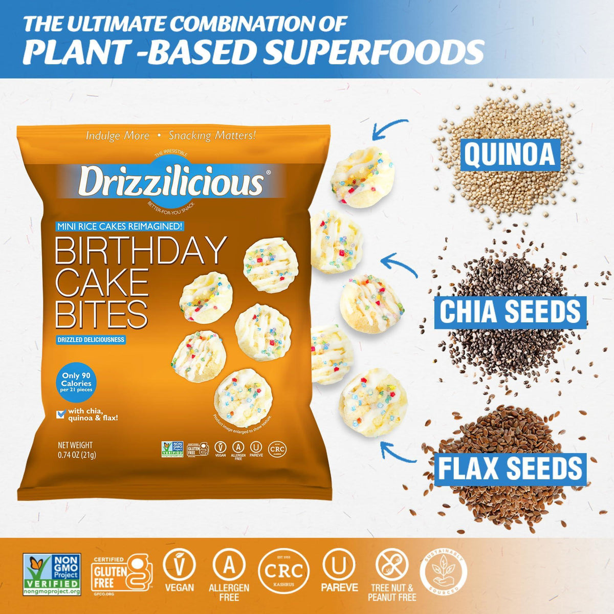 Drizzilicious Mini Rice Cakes Birthday Cake - Rice Crisps, Healthy Snack for Adults and Kids, Flavored Rice Cakes, Vegan, Gluten Free, Allergen Free, Only 90 Calories Per Bag - 0.74 oz (Pack of 10)