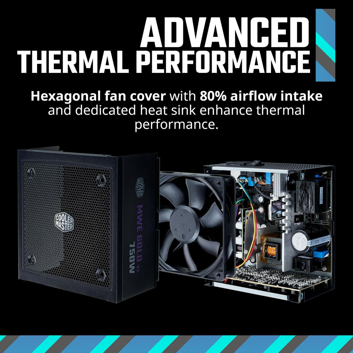 Cooler Master MWE Gold 750 V3 ATX 3.1 Full Modular PSU, 750W, 80+ Gold Efficiency, 90° 12VHPWR|450W PCIe 5.1, GPU Support RTX 4080, Zero-RPM Mode, Hexagonal Fan Cover, 10-Year