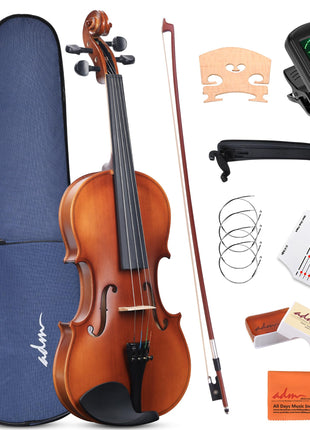 ADM 1/4 Size Wood Violin Set for Kids Teens Students Adults Beginner Acoustic Violin Matte Fiddle Starter Kit with Hard Case, Rosin, Shoulder Rest, Bow, Clip-on Tuner and Fingerboard Sticker