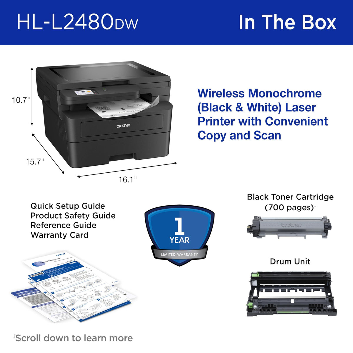 Brother HL-L2480DW Wireless Compact Monochrome Multi-Function Laser Printer with Copy and Scan, Duplex, Mobile, Black & White | Includes Refresh Subscription Trial(1), Works with Alexa