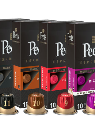Peet's Coffee, Dark and Medium Roast Espresso Capsules Variety Pack, Compatible with Nespresso Original Machine, 100% Arabica Coffee - Intensity 8-11, 40 Count (4 Boxes of 10 Espresso Capsules)