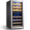 Phiestina Wine Cooler Refrigerator 16 inch Freestanding Wine Refrigerator 33 Bottles Dual Zones Mini Wine Fridge Auto Defrost with Temperature Memory Glass Door 7 Removable Shelves Quiet