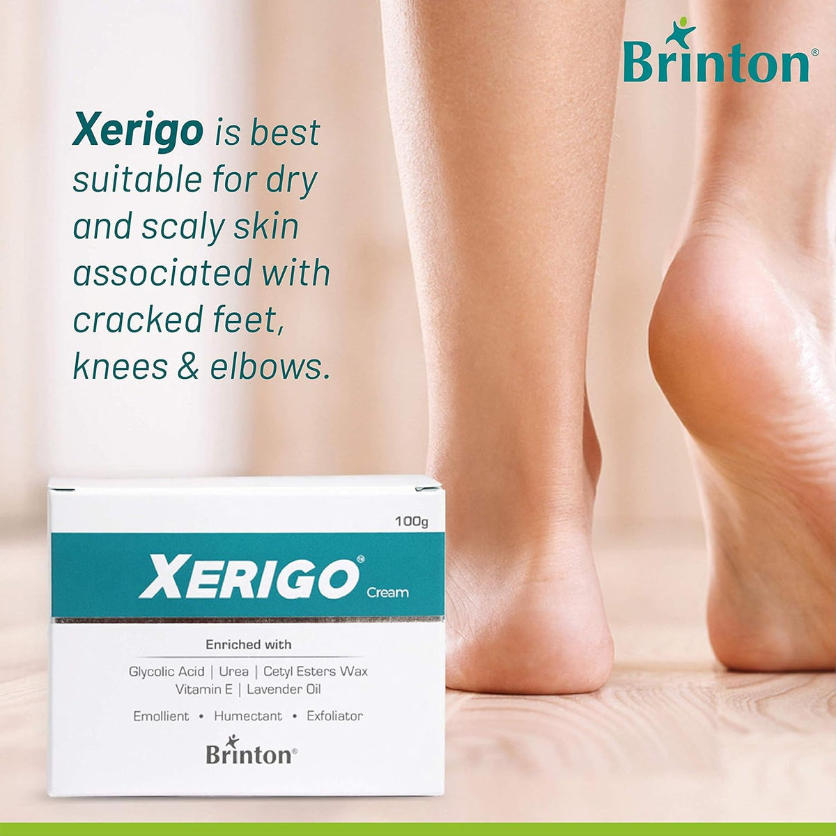 Brinton Xerigo Intense Skin Moisturizing Cream with Exfoliating Ingredients for Cracked Feet, Elbow & Knees, Prevents Moisture Loss, Non-Greasy Quick Absorbing Formula, Lavender, 100 g