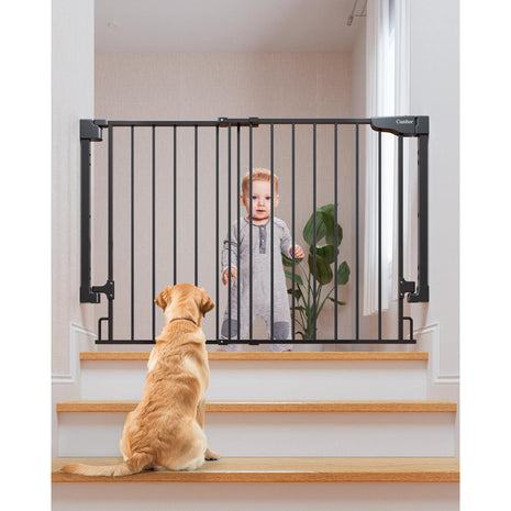 Cumbor 29.2–43" Baby Gate for Stairs, Hardware Mounted (Drill Required), Expandable No Bottom Bar Dog Gate, Auto Close Extra Wide Walk Thru, Pet & Toddler Proof Gate, Top & Bottom of Stairways(Black)