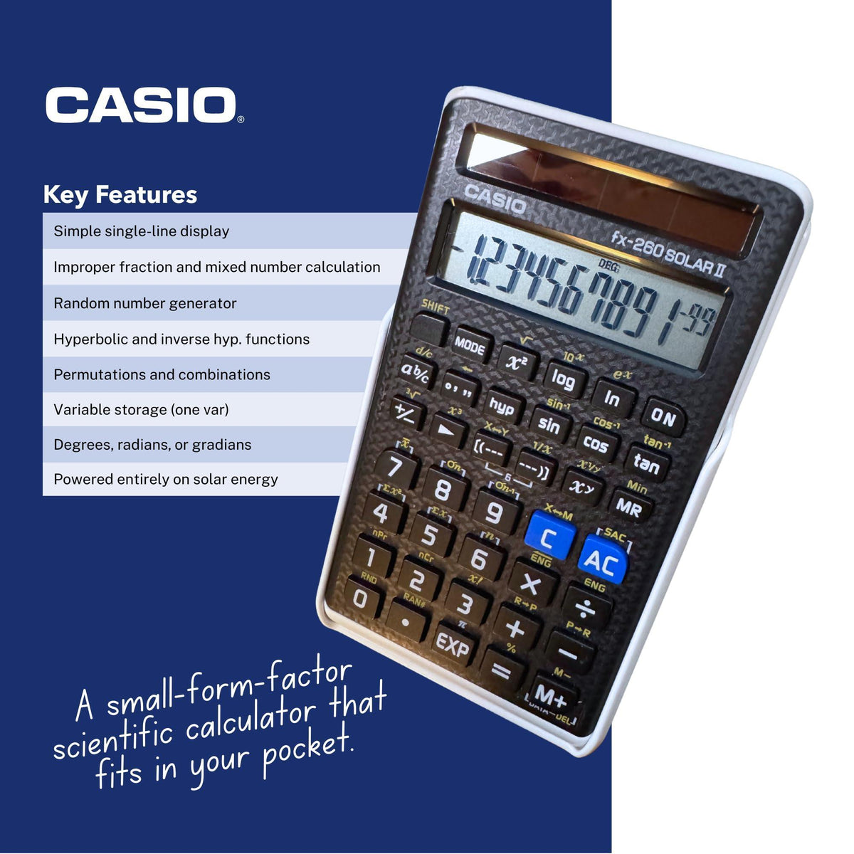 Casio fx-260 Solar II Scientific Calculator | 10-Digit Display | Fraction & Trig Functions | Ideal for Middle School, High School Math, Algebra, Trigonometry | Solar Powered