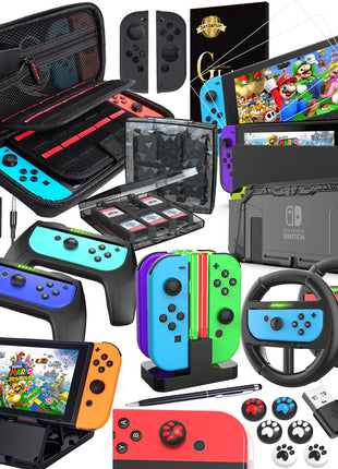 Deruitu Switch Accessories Bundle Compatible with Nintendo Switch, Kit with Carrying Case, Screen Protector, Compact Playstand, Game Case, Joystick Cap, Charging Dock,Steering Wheel, (18 in 1)
