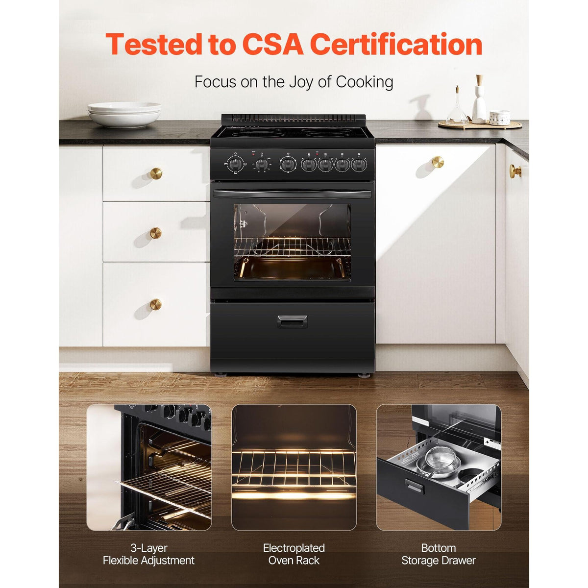 VEVOR 24 in Electric Range Oven, 2.7 Cu. Ft. Capacity Compact Freestanding Oven, Stainless Steel Kitchen Stove, with 4 Burners, Easy Reach Racks, Storage Drawer, Drip Pan, Indicator Light, Black