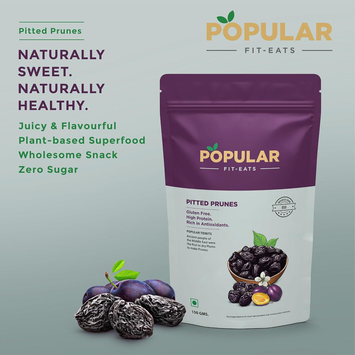 Popular FIT - EATS Pitted prunes Whole, 150g- Whole Dried Prunes, Antioxidant Rich, Immunity Booster, Low Fat Snacks, Healthy snacking for kids and adults