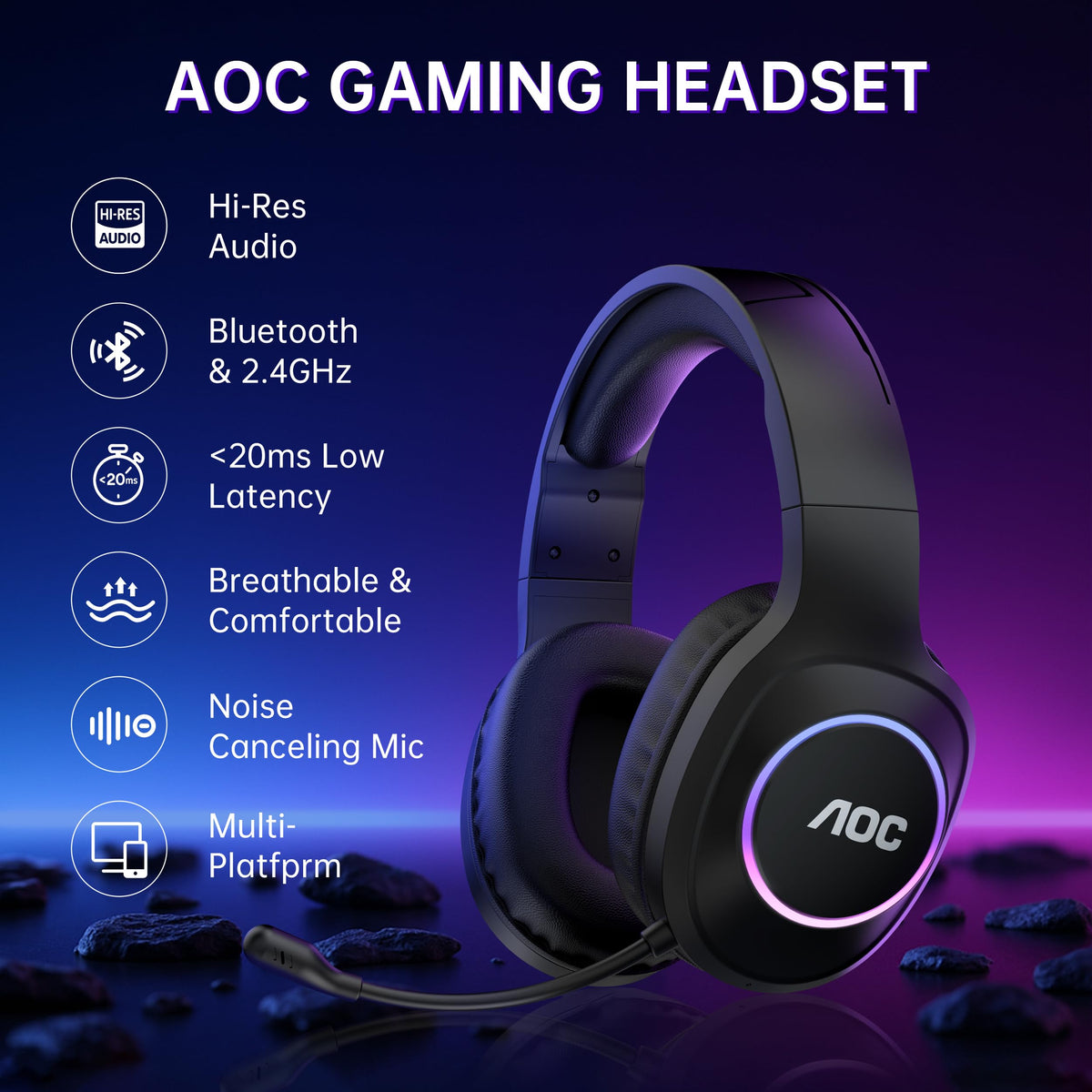 AOC Wireless Gaming Headset Compatible with PS5/4, Nintendo Switch, PC, Bluetooth 5.4 & 2.4GHz Gaming Headphones with Noise Canceling Mic, RGB, Type-C, 20ms Latency, 45H, 7.1 Virtual Surround- Black