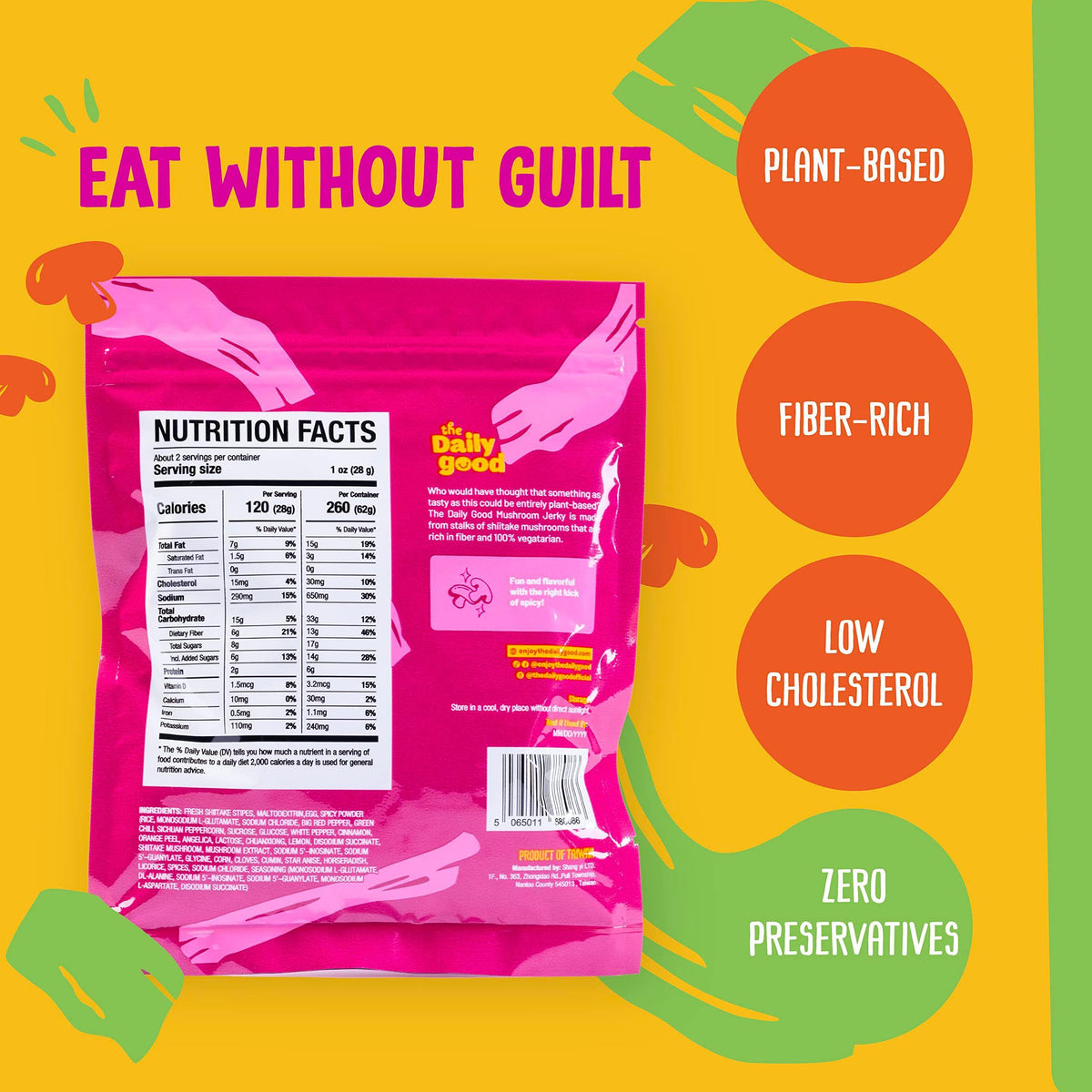 The Daily Good Mushroom Jerky - 3-Pack Snacks, Yummy High-Fiber Mushroom Snack, Gluten-Free Food, Contains Eggs, Made from Shiitake Stalk, 0.58 lbs., Vegetarian, Original, Hot & Spicy, BBQ Flavor