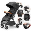 Bombi Bēbee V2 Lightweight Baby Stroller - Premium Vegan Leather, One-Hand Fold, Infinite Recline, Aircraft-Grade Aluminum Frame, XXL Canopy, and Ample Storage Umbrella Stroller - Hickory