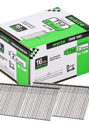 meite 16 Gauge Finish Nails 2 Inch Galvanized Straight Finish Nails for Pneumatic Cordless Finish Nailer Gun, Small T-Head Trim Nails for Baseboard Crown Molding Cabinet Casing, 1 Box/2500PCS