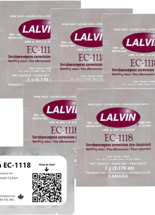 Lalvin EC-1118 Wine Yeast (5 Pack) - Champagne Yeast - Make Wine Cider Mead Kombucha At Home - 5 g Sachets - Saccharomyces cerevisiae - Sold by CAPYBARA Distributors Inc.