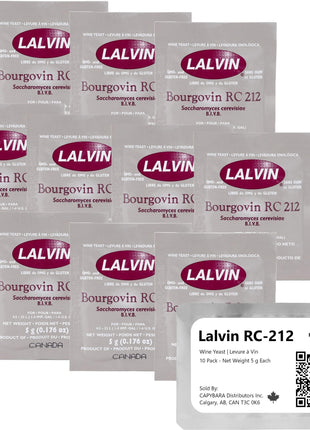 Lalvin RC-212 Wine Yeast (10 Pack) - Make Wine Cider Mead Kombucha At Home - 5 g Sachets - Saccharomyces cerevisiae - Sold by CAPYBARA Distributors Inc.