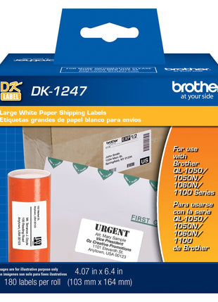 Brother Genuine DK-1247 Die-Cut Large Shipping White Paper Labels for Brother QL Label Printers – 180 Labels per Roll 4.07" x 6.4" (103mm x 164 mm)