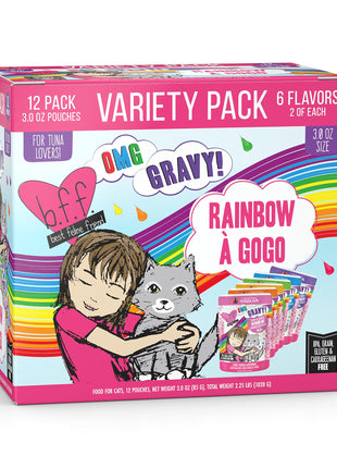Weruva B.F.F. OMG - Best Feline Friend Oh My Gravy!, Rainbow A Gogo Variety Pack! Cat Food, 3oz Pouch (Pack of 12)