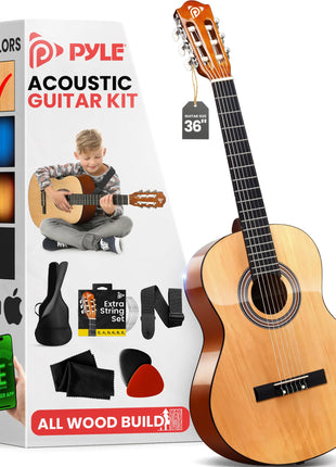 Pyle Beginner Acoustic Guitar Kit, 3/4 Junior Size All Wood Instrument with Full Accessory Kit, Picks, Shoulder Strap, Carry Case, Cleaning Cloth, Tuner App, 2 Month Lessons, 36"