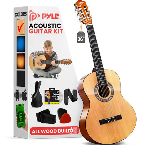 Pyle Beginner Acoustic Guitar Kit, 3/4 Junior Size All Wood Instrument with Full Accessory Kit, Picks, Shoulder Strap, Carry Case, Cleaning Cloth, Tuner App, 2 Month Lessons, 36"
