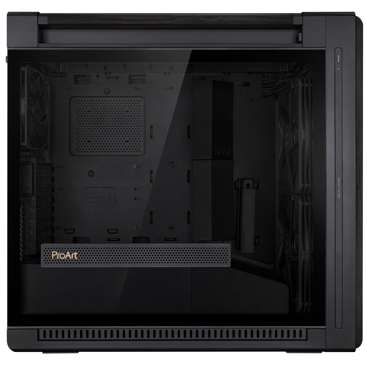 ASUS ProArt PA602 Wood Edition - Tempered Glass Panel E-ATX case, 420 mm Radiator Support, 1x 140 mm + 2X 200 mm pre-Installed Fans, Power Lock Latch, Tool-Less PCIe mounting, USB 20Gbps Support