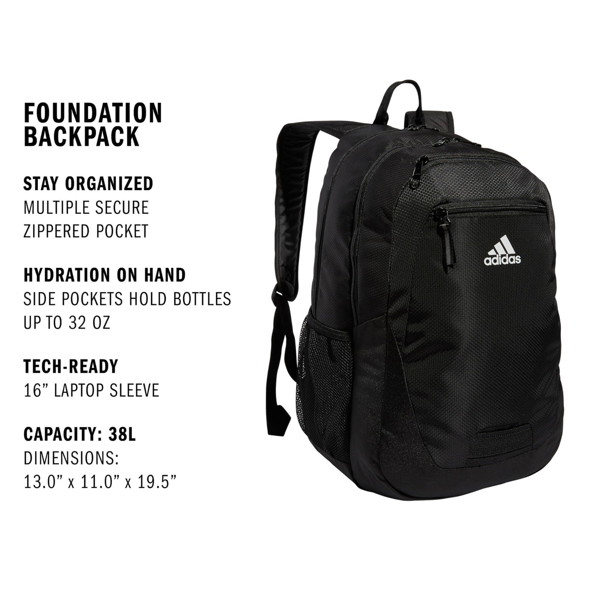adidas Foundation Backpack for Laptop, Large Durable Athletic Gym Bag, Black/White, One Size