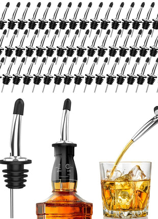 60 Pack Stainless Steel Pour Spouts for Liquor Bottles Oil Vinegar and Wine,Liquor Bottle Pourers with Rubber Dust Caps,Bar accessories,Pourers for Bartending